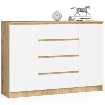 Komoda KLAUS140: Elegancia duba artisan spojená s čistotou bielej Ak hľadáte dokonalú kombináciu kvality, dizajnu a funkčnosti, komoda KLAUS140 je tou pravou voľbou pre vás. Tento nábytok v sebe spája prírodnú krásu duba artisan s čistým a elegantným vzhľadom bielej farby, čo ho robí ideálnym doplnkom pre vašu spálňu či obývaciu izbu.  Typ tovaru: Komoda , skrinka - ideálna pre ukladanie a organizáciu Miestnosť: Dokonale sa hodí do spálne aj obývacej izby Materiál: LTD - odolný materiál garantujúci dlhú životnosť Rozmer: 99 x 138 x 40 cm - priestranná, avšak kompaktná Farba: Kombinácia duba artisan a biele - univerzálne a štýlové riešenie Vybavenie: Štyri zásuvky a plné dvierka - jednoduchá organizácia a prístup k veciam Vzhľad: Vysoký dizajn, ktorý vynikne v každom interiéri Dvere, dvierka: Dve robustné dverové pre jednoduché otváranie Police: Štyri pre premyslenú organizáciu vašich potrieb  Nechajte sa očariť kombináciou tradície a modernosti s komodou KLAUS140. Tento nábytok prinesie do vášho domova teplú atmosféru dreva a sviežosť bielej farby.
