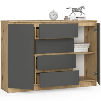 Komoda KLAUS140: Prírodný dub Artisan v kombinácii s hlbokým grafitom Hľadáte nábytok, ktorý spája prírodnú eleganciu s modernými prvkami? KLAUS140 je komoda a skrinka v jednom, ktorá kombinuje teplý vzhľad duba Artisan s chladným odtieňom grafitu. Ideálny kúsok pre tých, ktorí chcú pridať do svojho interiéru niečo výnimočné.  Typ tovaru: Komoda, skrinka - spojenie elegancie a funkcionality < strong>Miestnosť: Perfektne zapadne do spálne aj obývacej izby Materiál: LTD - kvalitný a odolný materiál pre dlhodobé využitie  Rozmer: 99 x 138 x 40 cm - optimálne rozmery pre všestranné využitie Farba: Dub Artisan spojený s grafitovou - kombinácia tradičného a moderného Vybavenie: 4 zásuvky a plné dvierka pre maximálny úložný priestor Vzhľad: Vysoká komoda, ktorá dominuje miestnosti Dvere, dvierka: Dve dverové pre jednoduchý prístup Polica: Štyri police na usporiadanie vašich vecí  Neodolateľná komoda < strong>KLAUS140 prinesie do vášho domova harmóniu a eleganciu. Jej dizajn je kombináciou tradície a modernosti, čo ju robí ideálnym doplnkom pre rôzne interiéry.