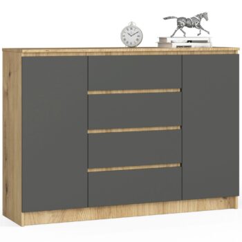 Komoda KLAUS140: Prírodný dub Artisan v kombinácii s hlbokým grafitom Hľadáte nábytok, ktorý spája prírodnú eleganciu s modernými prvkami? KLAUS140 je komoda a skrinka v jednom, ktorá kombinuje teplý vzhľad duba Artisan s chladným odtieňom grafitu. Ideálny kúsok pre tých, ktorí chcú pridať do svojho interiéru niečo výnimočné.  Typ tovaru: Komoda, skrinka - spojenie elegancie a funkcionality < strong>Miestnosť: Perfektne zapadne do spálne aj obývacej izby Materiál: LTD - kvalitný a odolný materiál pre dlhodobé využitie  Rozmer: 99 x 138 x 40 cm - optimálne rozmery pre všestranné využitie Farba: Dub Artisan spojený s grafitovou - kombinácia tradičného a moderného Vybavenie: 4 zásuvky a plné dvierka pre maximálny úložný priestor Vzhľad: Vysoká komoda, ktorá dominuje miestnosti Dvere, dvierka: Dve dverové pre jednoduchý prístup Polica: Štyri police na usporiadanie vašich vecí  Neodolateľná komoda < strong>KLAUS140 prinesie do vášho domova harmóniu a eleganciu. Jej dizajn je kombináciou tradície a modernosti, čo ju robí ideálnym doplnkom pre rôzne interiéry.
