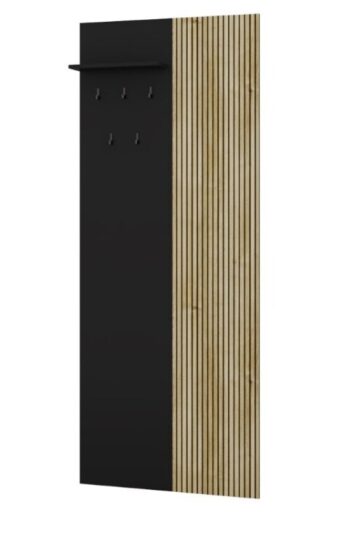Vešiakový panel WALERIA je trendovým kúskom, ktorý je charakteristický svojim prevedením v lamelovom dizajne. Vďaka použitým odtieňom nábytku sa stane váš interiér modernejší a bude pôsobiť príjemným dojmom.Panel je vyrobený z kvalitných LTD dosiek, v kombinácií s MDF, ktoré sú nenáročné na údržbu. Okraje sú potiahnuté melamínom.Farebné prevedenie je v trendovej farbe: čierna / dub KarlstadPanel disponuje vešiakmi na bundy a kabáty. Nad nimi je jedna polica.Rozmery (š,v,h): 71,6 x 205 x 2,5 cm.Dodávame v demontovanom stave. Záruka 24 mesiacov.