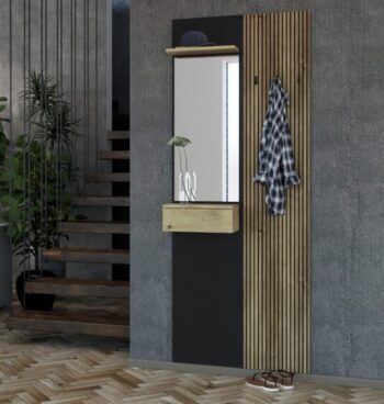 Vešiakový panel WALERIA 02 je trendovým kúskom, ktorý je charakteristický svojim prevedením v lamelovom dizajne. Vďaka použitým odtieňom nábytku sa stane váš interiér modernejší a bude pôsobiť príjemným dojmom.Panel je vyrobený z kvalitných LTD dosiek, v kombinácií s MDF, ktoré sú nenáročné na údržbu. Okraje sú potiahnuté melamínom.Farebné prevedenie je v trendovej farbe: čierna / dub KarlstadPanel disponuje vešiakmi na bundy a kabáty, odkladacou policou, zrkadlom a praktickou zásuvkou.Rozmery (š,v,h): 71,6 x 205 x 2,5 cm.Dodávame v demontovanom stave. Záruka 24 mesiacov.