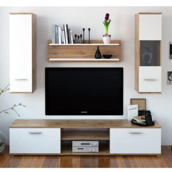 Obývaciu stenu WAW možno zakúpiť ako zostavu, ktorá pozostáva z: TV stolík (188x28x37 cm), 2x visiaca skrinka (28x30x100 cm) a polica (98x30 cm). Zostava má jednoduché a čisté línie, ktoré sa prispôsobia akémukoľvek interiéru obývacej izby. TV stolík je predĺžený, tvoria ho 2 uzavreté skrinky…