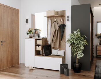 Predsieňová zostava WENTLY poskytuje praktické a štýlové riešenie pre vašu predsieň.Špecifikácie:Rozmery: 140 x 200 x 40 cmFarebné prevedenie: Dub Ansberk tmavý / Biela matnáKomponenty: Vešiaky, odkladacia polica, skrinka na topánky, zrkadlo, otvorené policeMateriál: 22 mm LTDPredsieňová zostava WENTLY je navrhnutá tak, aby priniesla poriadok a štýl do vášho vstupného priestoru. S elegantnou kombináciou farieb dub San Remo a borovica Canyon dodáva predsieni moderný a príjemný vzhľad.Kľúčové vlastnosti:Praktické úložné riešenia: Vešiaky, odkladacia polica, skrinka na topánky a otvorené police poskytujú dostatok priestoru pre vaše veci.Elegantný dizajn: Kombinácia duba Ansberk a bielej matnej vytvára moderný a atraktívny vzhľad.Kompletné riešenie: Obsahuje všetko potrebné pre organizovanú a funkčnú predsieň vrátane zrkadla pre rýchle úpravy pred odchodom.Predsieňová zostava WENTLY je ideálnou voľbou pre tých, ktorí hľadajú štýlové a praktické riešenie pre svoju predsieň. Udrží váš vstupný priestor uprataný a organizovaný.Dodávané v demonte.