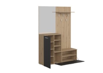 Predsieňová zostava WENTLY poskytuje praktické a štýlové riešenie pre vašu predsieň.Špecifikácie:Rozmery: 140 x 200 x 40 cmFarebné prevedenie: Dub Ansberk tmavý / Biela matnáKomponenty: Vešiaky, odkladacia polica, skrinka na topánky, zrkadlo, otvorené policeMateriál: 22 mm LTDPredsieňová zostava WENTLY je navrhnutá tak, aby priniesla poriadok a štýl do vášho vstupného priestoru. S elegantnou kombináciou farieb dub San Remo a borovica Canyon dodáva predsieni moderný a príjemný vzhľad.Kľúčové vlastnosti:Praktické úložné riešenia: Vešiaky, odkladacia polica, skrinka na topánky a otvorené police poskytujú dostatok priestoru pre vaše veci.Elegantný dizajn: Kombinácia duba Ansberk a bielej matnej vytvára moderný a atraktívny vzhľad.Kompletné riešenie: Obsahuje všetko potrebné pre organizovanú a funkčnú predsieň vrátane zrkadla pre rýchle úpravy pred odchodom.Predsieňová zostava WENTLY je ideálnou voľbou pre tých, ktorí hľadajú štýlové a praktické riešenie pre svoju predsieň. Udrží váš vstupný priestor uprataný a organizovaný.Dodávané v demonte.
