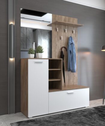 Predsieňová zostava WENTLY poskytuje praktické a štýlové riešenie pre vašu predsieň.Špecifikácie:Rozmery: 140 x 200 x 40 cmFarebné prevedenie: Dub Ansberk tmavý / Biela matnáKomponenty: Vešiaky, odkladacia polica, skrinka na topánky, zrkadlo, otvorené policeMateriál: 22 mm LTDPredsieňová zostava WENTLY je navrhnutá tak, aby priniesla poriadok a štýl do vášho vstupného priestoru. S elegantnou kombináciou farieb dub San Remo a borovica Canyon dodáva predsieni moderný a príjemný vzhľad.Kľúčové vlastnosti:Praktické úložné riešenia: Vešiaky, odkladacia polica, skrinka na topánky a otvorené police poskytujú dostatok priestoru pre vaše veci.Elegantný dizajn: Kombinácia duba Ansberk a bielej matnej vytvára moderný a atraktívny vzhľad.Kompletné riešenie: Obsahuje všetko potrebné pre organizovanú a funkčnú predsieň vrátane zrkadla pre rýchle úpravy pred odchodom.Predsieňová zostava WENTLY je ideálnou voľbou pre tých, ktorí hľadajú štýlové a praktické riešenie pre svoju predsieň. Udrží váš vstupný priestor uprataný a organizovaný.Dodávané v demonte.
