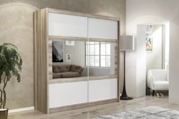 Šatníková skriňa WETRA 203 vás zaujme svojím elegantným prevedení. Je vhodná do moderných interiérov. Spojenie praktickosti so štýlových vzhľadom poteší nejedného zákazníka.Skriňa je vyrobená z LTD dosiek, ktoré sa ľahko udržiavajú.  Na dverách je veľké štýlové zrkadlo. Skriňa je vo farebnom prevedení dub canyon, biela.Šatníková skriňa je dvojdverová. Disponuje posuvnými dverami. V jej vnútri  sa nachádza 9 praktických políc na uloženie vášho oblečenia a podobne. Tiež disponuje jednou šatníkovou tyčou na šaty, obleky a podobne.Rozmery (š,v,h): 203 x 215 x 61 cm.Dodávame v demontovanom stave.