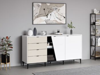 Komoda WOLF – Elegantné úložné riešenie pre vašu obývaciu izbuKomoda WOLF je štýlový a praktický kus nábytku, ktorý vynikne v každej modernej obývacej izbe. Jej široká konštrukcia a kombinácia farieb biela, čierna a pieskovec dodávajú priestoru jedinečný charakter. Vďaka štyrom zásuvkám a dvom plným dvierkam ponúka dostatok úložného priestoru na organizáciu vašich vecí.Hlavné vlastnosti produktu:Typ tovaru: Komoda, skrinkaVhodné do miestnosti: Obývacia izbaMateriál: Melamín, VT laminátRozmery: 90 x 180 x 45 cmFarba: Biela + čierna + pieskovecVybavenie: 4 zásuvky a dvierka plnéPočet dvierok: 2Vzhľad: Široká konštrukciaHrúbka materiálu: 18 mmDodatočné informácie: Dodávame v demonteKomoda WOLF je vyrobená z kvalitných materiálov, ktoré zaisťujú jej odolnosť a dlhú životnosť. Jej elegantný dizajn sa skvele hodí do moderného interiéru, zatiaľ čo praktické usporiadanie zásuviek a úložného priestoru uľahčuje organizáciu. Zaobstarajte si komodu WOLF a získajte štýlový a funkčný doplnok do svojej obývačky!