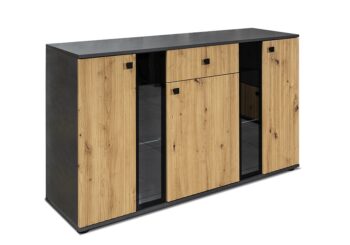 Kombinovaná komoda WESLA je v štýlovom a unikátnom prevedení. Je vhodná do moderných interiérov.Predná časť komody je vyrobená z kvalitnej MDF dosky. Má hrúbku 16 mm. Korpus je z LTD dosky. Má hrúbku 15 mm. Je nenáročná na údržbu.Rozmery komody (š,v,h): 140,4 x 80 x 40,2 cm.Ku komode si môžete zakúpiť tiež zostavu v rovnakom prevedení. Led osvetlenie nie je v cene komody.Dodávame v demontovanom stave.