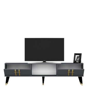 TV stolík YOKOHAMA - luxusný dizajn pre vašu obývaciu izbuTV stolík YOKOHAMA je dokonalou voľbou pre tých, ktorí hľadajú elegantný a funkčný kus nábytku do svojej obývačky. Tento stolík so svojim luxusným vzhľadom pridá vášmu interiéru sofistikovaný nádych a zároveň poskytne dostatok úložného priestoru.Vyrobený z kvalitného LTD materiálu s hrúbkou 18 mm, stolík YOKOHAMA je pevný a odolný. ponúka dostatok priestoru pre vaše multimediálne zariadenia a ďalšie potreby. otváranie a pridávajú stolíku moderný vzhľad.Hlavné vlastnosti produktu:Typ tovaru: TV stolíkVhodné do miestnosti: obývacia izbaMateriál: LTDRozmery: 49 x 140 x 30 cmFarba: antracit + zlatáVybavenie: skrinka a regálŠtýl: luxusnéPočet dvierok: 2Úchytky: plastDodatočné informácie: Dodávame v demonte, plastové nožičkyTV stolík YOKOHAMA je dodávaný v demontovanom stave, čo uľahčuje prepravu a montáž. Plastové nožičky zaisťujú stabilitu a chránia podlahu pred poškodením.