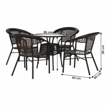 Hľadáte pekný a klasický nábytok do záhrady či na terasu? V takom prípade dávame do Vašej pozornosti záhradný set z umelého ratanu GETON 1+4. Päťdielny set pozostáva zo stola a štyroch kresiel. Rozmery stola sú (ŠxV): 80x72 cm a rozmery kresla sú (ŠxHxV): 60x64x80 cm. Hĺbka sedu má 43 cm, výška…
