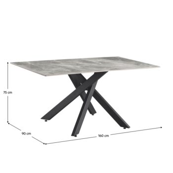 Jedálenský stôl Zenos s rozmermi 160x90 cm je elegantným a moderným doplnkom do vašej jedálne. Jeho povrch v svetlosivom mramorovom prevedení v kombinácii s čiernymi kovovými nohami vytvára sofistikovaný vzhľad, ktorý sa hodí do každého interiéru.