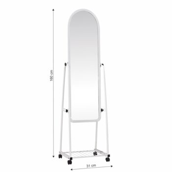 Svojím dizajnom každého očarí stojanové zrkadlo na kolieskach DUMAS. Rozmery zrkadla sú (ŠxV): 31x160 cm. Tvoria ho kovový stojan a plastový rám. Farebné prevedenie je v bielej farbe, čo zrkadlu dodáva eleganciu. Vďaka tomu, že je na kolieskach je manipulácia s ním jednoduchá. Dodávané je v demonte.