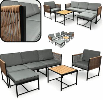 Záhradný rohový set XL-NM-31 - svetlo hnedý + sivé vankúše