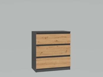 Komoda WALMA M3 v modernom dizajne je vhodná do každého interiéru, pretože v sebe spája jednoduchosť a eleganciu. Určite oceníte aj tri praktické zásuvky, kde si môžete uložiť dokumenty, oblečenie alebo iné potrebné veci. Komoda je vyrobená z kvalitnej LTD dosky, ktorá je nenáročná na údržbu a odolná voči poškriabaniu. Hrany sú chránené ABS páskou. Komoda má bezúchytový systém otvárania, takže Vám v priestore nebudú zavadziať žiadne úchyty a zároveň to posilní jej moderný dizajn.Rozmery (ŠxVxH) : 70 x 77 x 40 cmFarebné prevedenie : antracit/ dub artisanDodávame v demonte.