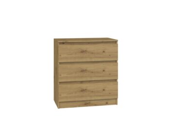 Komoda WALMA M3 v modernom dizajne je vhodná do každého interiéru, pretože v sebe spája jednoduchosť a eleganciu. Určite oceníte aj tri praktické zásuvky, kde si môžete uložiť dokumenty, oblečenie alebo iné potrebné veci. Komoda je vyrobená z kvalitnej LTD dosky, ktorá je nenáročná na údržbu a odolná voči poškriabaniu. Hrany sú chránené ABS páskou. Komoda má bezúchytový systém otvárania, takže Vám v priestore nebudú zavadziať žiadne úchyty a zároveň to posilní jej moderný dizajn.Rozmery (ŠxVxH) : 70 x 77 x 40 cmFarebné prevedenie : dub artisanDodávame v demonte.