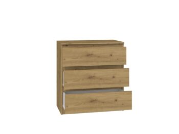 Komoda WALMA M3 v modernom dizajne je vhodná do každého interiéru, pretože v sebe spája jednoduchosť a eleganciu. Určite oceníte aj tri praktické zásuvky, kde si môžete uložiť dokumenty, oblečenie alebo iné potrebné veci. Komoda je vyrobená z kvalitnej LTD dosky, ktorá je nenáročná na údržbu a odolná voči poškriabaniu. Hrany sú chránené ABS páskou. Komoda má bezúchytový systém otvárania, takže Vám v priestore nebudú zavadziať žiadne úchyty a zároveň to posilní jej moderný dizajn.Rozmery (ŠxVxH) : 70 x 77 x 40 cmFarebné prevedenie : dub artisanDodávame v demonte.