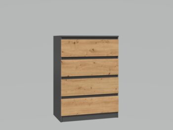 Komoda WALMA M4 v modernom dizajne je vhodná do každého interiéru, pretože v sebe spája jednoduchosť a eleganciu. Určite oceníte aj štyri praktické zásuvky, kde si môžete uložiť dokumenty, oblečenie alebo iné potrebné veci. Komoda je vyrobená z kvalitnej LTD dosky, ktorá je nenáročná na údržbu a odolná voči poškriabaniu. Hrany sú chránené ABS páskou. Komoda má bezúchytový systém otvárania, takže Vám v priestore nebudú zavadziať žiadne úchyty a zároveň to posilní jej moderný dizajn.Rozmery (ŠxVxH) : 70 x 97 x 40 cmFarebné prevdenie : antracit/ dub artisanDodávame v demonte. 