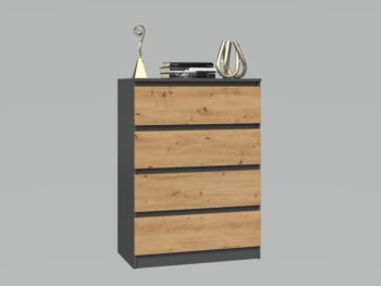 Komoda WALMA M4 v modernom dizajne je vhodná do každého interiéru, pretože v sebe spája jednoduchosť a eleganciu. Určite oceníte aj štyri praktické zásuvky, kde si môžete uložiť dokumenty, oblečenie alebo iné potrebné veci. Komoda je vyrobená z kvalitnej LTD dosky, ktorá je nenáročná na údržbu a odolná voči poškriabaniu. Hrany sú chránené ABS páskou. Komoda má bezúchytový systém otvárania, takže Vám v priestore nebudú zavadziať žiadne úchyty a zároveň to posilní jej moderný dizajn.Rozmery (ŠxVxH) : 70 x 97 x 40 cmFarebné prevdenie : antracit/ dub artisanDodávame v demonte. 
