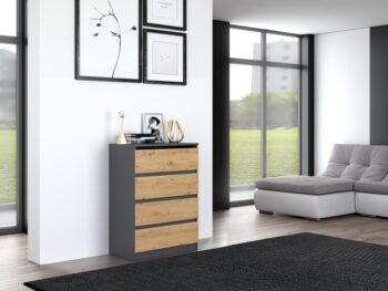 Komoda WALMA M4 v modernom dizajne je vhodná do každého interiéru, pretože v sebe spája jednoduchosť a eleganciu. Určite oceníte aj štyri praktické zásuvky, kde si môžete uložiť dokumenty, oblečenie alebo iné potrebné veci. Komoda je vyrobená z kvalitnej LTD dosky, ktorá je nenáročná na údržbu a odolná voči poškriabaniu. Hrany sú chránené ABS páskou. Komoda má bezúchytový systém otvárania, takže Vám v priestore nebudú zavadziať žiadne úchyty a zároveň to posilní jej moderný dizajn.Rozmery (ŠxVxH) : 70 x 97 x 40 cmFarebné prevdenie : antracit/ dub artisanDodávame v demonte. 