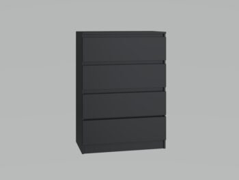 Komoda WALMA M4 v modernom dizajne je vhodná do každého interiéru, pretože v sebe spája jednoduchosť a eleganciu. Určite oceníte aj štyri praktické zásuvky, kde si môžete uložiť dokumenty, oblečenie alebo iné potrebné veci. Komoda je vyrobená z kvalitnej LTD dosky, ktorá je nenáročná na údržbu a odolná voči poškriabaniu. Hrany sú chránené ABS páskou. Komoda má bezúchytový systém otvárania, takže Vám v priestore nebudú zavadziať žiadne úchyty a zároveň to posilní jej moderný dizajn.Rozmery (ŠxVxH) : 70 x 97 x 40 cmFarebné prevedenie : čiernaDodávame v demonte. 