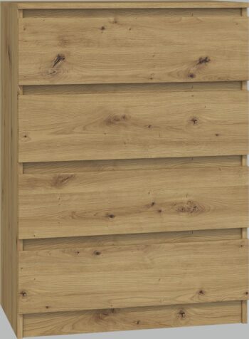 Komoda WALMA M4 v modernom dizajne je vhodná do každého interiéru, pretože v sebe spája jednoduchosť a eleganciu. Určite oceníte aj štyri praktické zásuvky, kde si môžete uložiť dokumenty, oblečenie alebo iné potrebné veci. Komoda je vyrobená z kvalitnej LTD dosky, ktorá je nenáročná na údržbu a odolná voči poškriabaniu. Hrany sú chránené ABS páskou. Komoda má bezúchytový systém otvárania, takže Vám v priestore nebudú zavadziať žiadne úchyty a zároveň to posilní jej moderný dizajn.Rozmery (ŠxVxH) : 70 x 97 x 40 cmFarebné prevedenie : dub artisanDodávame v demonte. 