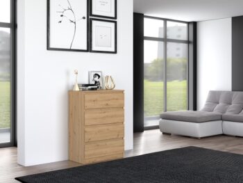 Komoda WALMA M4 v modernom dizajne je vhodná do každého interiéru, pretože v sebe spája jednoduchosť a eleganciu. Určite oceníte aj štyri praktické zásuvky, kde si môžete uložiť dokumenty, oblečenie alebo iné potrebné veci. Komoda je vyrobená z kvalitnej LTD dosky, ktorá je nenáročná na údržbu a odolná voči poškriabaniu. Hrany sú chránené ABS páskou. Komoda má bezúchytový systém otvárania, takže Vám v priestore nebudú zavadziať žiadne úchyty a zároveň to posilní jej moderný dizajn.Rozmery (ŠxVxH) : 70 x 97 x 40 cmFarebné prevedenie : dub artisanDodávame v demonte. 