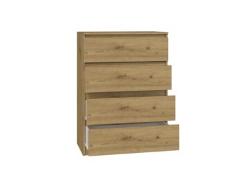 Komoda WALMA M4 v modernom dizajne je vhodná do každého interiéru, pretože v sebe spája jednoduchosť a eleganciu. Určite oceníte aj štyri praktické zásuvky, kde si môžete uložiť dokumenty, oblečenie alebo iné potrebné veci. Komoda je vyrobená z kvalitnej LTD dosky, ktorá je nenáročná na údržbu a odolná voči poškriabaniu. Hrany sú chránené ABS páskou. Komoda má bezúchytový systém otvárania, takže Vám v priestore nebudú zavadziať žiadne úchyty a zároveň to posilní jej moderný dizajn.Rozmery (ŠxVxH) : 70 x 97 x 40 cmFarebné prevedenie : dub artisanDodávame v demonte. 