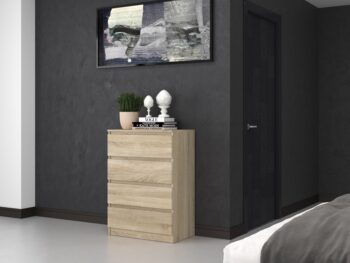 Komoda WALMA M4 v modernom dizajne je vhodná do každého interiéru, pretože v sebe spája jednoduchosť a eleganciu. Určite oceníte aj štyri praktické zásuvky, kde si môžete uložiť dokumenty, oblečenie alebo iné potrebné veci. Komoda je vyrobená z kvalitnej LTD dosky, ktorá je nenáročná na údržbu a odolná voči poškriabaniu. Hrany sú chránené ABS páskou. Komoda má bezúchytový systém otvárania, takže Vám v priestore nebudú zavadziať žiadne úchyty a zároveň to posilní jej moderný dizajn.Rozmery (ŠxVxH) : 70 x 97 x 40 cmFarebné prevedenie : dub sonomaDodávame v demonte. 