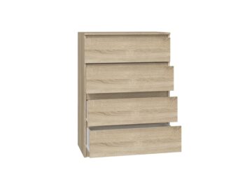 Komoda WALMA M4 v modernom dizajne je vhodná do každého interiéru, pretože v sebe spája jednoduchosť a eleganciu. Určite oceníte aj štyri praktické zásuvky, kde si môžete uložiť dokumenty, oblečenie alebo iné potrebné veci. Komoda je vyrobená z kvalitnej LTD dosky, ktorá je nenáročná na údržbu a odolná voči poškriabaniu. Hrany sú chránené ABS páskou. Komoda má bezúchytový systém otvárania, takže Vám v priestore nebudú zavadziať žiadne úchyty a zároveň to posilní jej moderný dizajn.Rozmery (ŠxVxH) : 70 x 97 x 40 cmFarebné prevedenie : dub sonomaDodávame v demonte. 