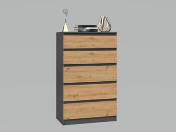 Komoda WALMA M5 v modernom dizajne je vhodná do každého interiéru, pretože v sebe spája jednoduchosť a eleganciu. Určite oceníte aj päť praktických zásuviek, kde si môžete uložiť dokumenty, oblečenie alebo iné potrebné veci. Komoda je vyrobená z kvalitnej LTD dosky, ktorá je nenáročná na údržbu a odolná voči poškriabaniu. Hrany sú chránené ABS páskou. Komoda má bezúchytový systém otvárania, takže Vám v priestore nebudú zavadziať žiadne úchyty a zároveň to posilní jej moderný dizajn.Rozmery (ŠxVxH) : 70 x 112 x 40 cmFarebné prevedenie : antracit/ dub artisanDodávame v demonte.
