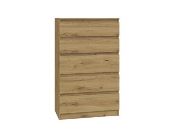 Komoda WALMA M5 v modernom dizajne je vhodná do každého interiéru, pretože v sebe spája jednoduchosť a eleganciu. Určite oceníte aj päť praktických zásuviek, kde si môžete uložiť dokumenty, oblečenie alebo iné potrebné veci. Komoda je vyrobená z kvalitnej LTD dosky, ktorá je nenáročná na údržbu a odolná voči poškriabaniu. Hrany sú chránené ABS páskou. Komoda má bezúchytový systém otvárania, takže Vám v priestore nebudú zavadziať žiadne úchyty a zároveň to posilní jej moderný dizajn.Rozmery (ŠxVxH) : 70 x 112 x 40 cmFarebné prevedenie : dub artisanDodávame v demonte.