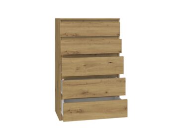 Komoda WALMA M5 v modernom dizajne je vhodná do každého interiéru, pretože v sebe spája jednoduchosť a eleganciu. Určite oceníte aj päť praktických zásuviek, kde si môžete uložiť dokumenty, oblečenie alebo iné potrebné veci. Komoda je vyrobená z kvalitnej LTD dosky, ktorá je nenáročná na údržbu a odolná voči poškriabaniu. Hrany sú chránené ABS páskou. Komoda má bezúchytový systém otvárania, takže Vám v priestore nebudú zavadziať žiadne úchyty a zároveň to posilní jej moderný dizajn.Rozmery (ŠxVxH) : 70 x 112 x 40 cmFarebné prevedenie : dub artisanDodávame v demonte.