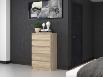 Komoda WALMA M5 v modernom dizajne je vhodná do každého interiéru, pretože v sebe spája jednoduchosť a eleganciu. Určite oceníte aj päť praktických zásuviek, kde si môžete uložiť dokumenty, oblečenie alebo iné potrebné veci. Komoda je vyrobená z kvalitnej LTD dosky, ktorá je nenáročná na údržbu a odolná voči poškriabaniu. Hrany sú chránené ABS páskou. Komoda má bezúchytový systém otvárania, takže Vám v priestore nebudú zavadziať žiadne úchyty a zároveň to posilní jej moderný dizajn.Rozmery (ŠxVxH) : 70 x 112 x 40 cmFarebné prevedenie : dub sonomaDodávame v demonte.