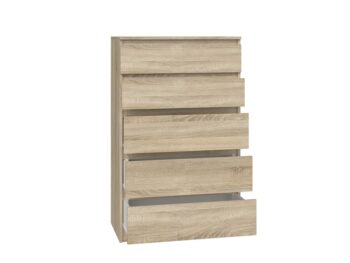 Komoda WALMA M5 v modernom dizajne je vhodná do každého interiéru, pretože v sebe spája jednoduchosť a eleganciu. Určite oceníte aj päť praktických zásuviek, kde si môžete uložiť dokumenty, oblečenie alebo iné potrebné veci. Komoda je vyrobená z kvalitnej LTD dosky, ktorá je nenáročná na údržbu a odolná voči poškriabaniu. Hrany sú chránené ABS páskou. Komoda má bezúchytový systém otvárania, takže Vám v priestore nebudú zavadziať žiadne úchyty a zároveň to posilní jej moderný dizajn.Rozmery (ŠxVxH) : 70 x 112 x 40 cmFarebné prevedenie : dub sonomaDodávame v demonte.