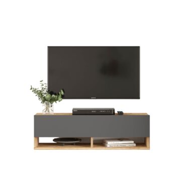 FREY 13: Elegantný stolík TV kombinujúci borovicu a šedú Hľadáte nábytok, ktorý by priniesol do vášho interiéru štýl a zároveň bol funkčný? FREY 13 je televízny stolík, ktorý spája moderný dizajn s praktickými prvkami. Tento stolík v kombinácii odtieňov borovice a šedej sa stane skvelým doplnkom pre vašu obývaciu izbu, kanceláriu či pracovňu.  Typ tovaru: stolík TV, dokonale doplní vaše moderné priestory.  Materiál: kvalitný a odolný LTD s hrúbkou 18 mm, zaručuje dlhú životnosť. Rozmery: 100 x 31,6 x 29,6 cm - ideálny rozmer pre rôzne veľkosti miestností. Farba: kombinácia prírodnej borovice a antracitu. Vybavenie: stolík ponúka plné dvierka (skrinka) a praktické odkladacie police. Štýl: moderné a dizajnové prevedenie, ktoré ocení každý milovník trendov.  Tvar: obdĺžnikový a rovný dizajn sa skvele hodí do každej miestnosti.  FREY 13 je viac než len televízny stolík. Je to spojenie funkčnosti a dizajnu, ktorý prinesie do vášho domova svieži a moderný vzhľad.