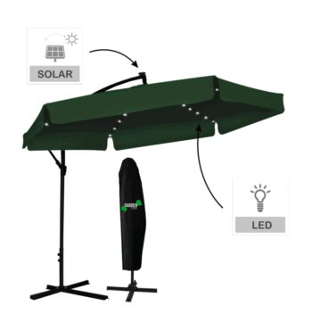 Zelený záhradný slnečník so stojanom a LED osvetlením