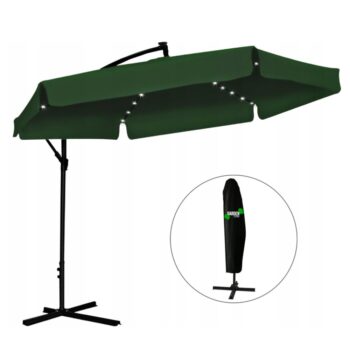 Zelený záhradný slnečník so stojanom a LED osvetlením