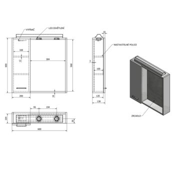 AQUALINE - ZOJA/KERAMIA FRESH galérka s LED osvetlením 60x60x14cm, ľavá, dub platin 45027