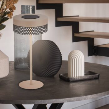Akumulátorová stolová lampa Booha, béžová, kov, IP44, stmievateľné