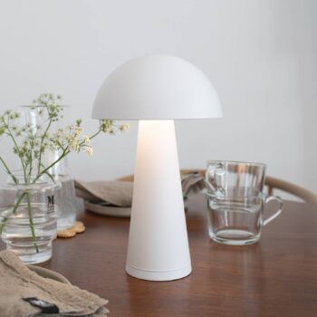 Akumulátorová stolová lampa Fungi pre vonkajšie použitie, biela