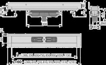 Alcadrain 1 - Alcadrain Podlahový žľab s okrajom pre plný rošt as pevným golierom k stene, zvislý odtok APZ1116-850 APZ1116-850