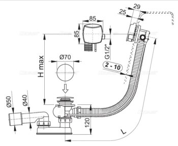 Alcadrain 1 - Alcadrain Sifón vaňový automat s napúšťaním prepadom, kov A564KM1-120 A564KM1-120