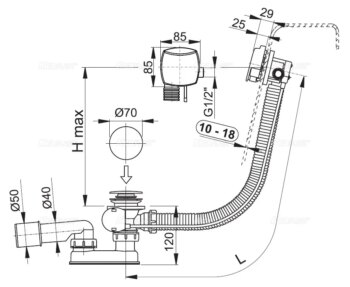 Alcadrain 1 - Alcadrain Sifón vaňový automat s napúšťaním prepadom pre hrubostenné vane, kov A565KM1-100 A565KM1-100