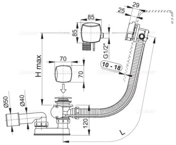 Alcadrain 1 - Alcadrain Sifón vaňový automat s napúšťaním prepadom pre hrubostenné vane, kov A565KM3-100 A565KM3-100
