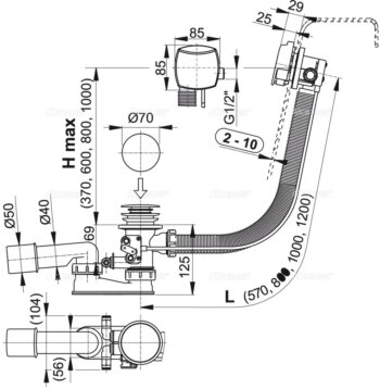 Alcadrain 1 - Alcadrain Sifón vaňový s napúšťaním prepadom pre hydromasážne vane, kov A566-273133-100 A566-273133-100