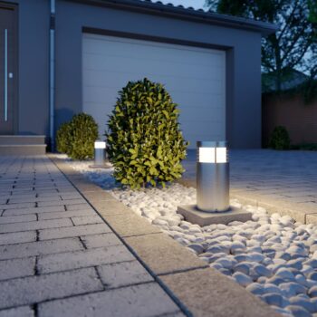 Arcchio stojanová lampa Caramia, 23 cm, nerezová oceľ, odolná voči morskej vode