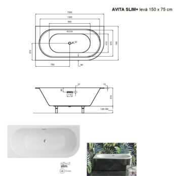BESCO - Asymetrická vaňa AVITA SLIM+ - Nožičky k vani - Bez nožičiek, Rozmer vane - 150 × 70 cm, Spôsob prevedenia - Ľavé VANAVIT15SLIMLP