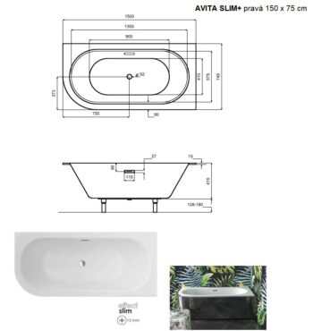 BESCO - Asymetrická vaňa AVITA SLIM+ - Nožičky k vani - Bez nožičiek, Rozmer vane - 150 × 70 cm, Spôsob prevedenia - Pravé VANAVIT15SLIMPP