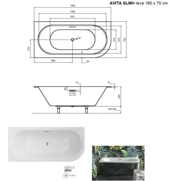 BESCO - Asymetrická vaňa AVITA SLIM+ - Nožičky k vani - Bez nožičiek, Rozmer vane - 160 × 75 cm, Spôsob prevedenia - Ľavé VANAVIT16SLIMLP