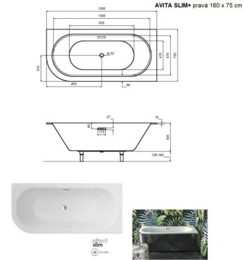 BESCO - Asymetrická vaňa AVITA SLIM+ - Nožičky k vani - Bez nožičiek, Rozmer vane - 160 × 75 cm, Spôsob prevedenia - Pravé VANAVIT16SLIMPP